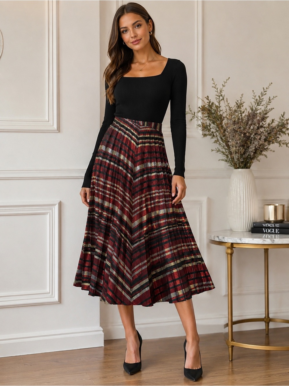 NWT- Zara Burgundy Plaid Midi Skirt